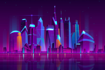 Modern city cartoon vector night landscape. urban cityscape background with skyscrapers buildings on sea shore illuminated with neon light illustration. metropolis central business district Free Vector
