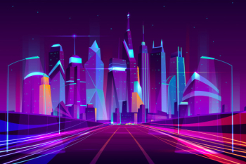 Modern city highway in street lamps light neon cartoon vector illustration Free Vector