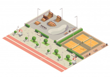 Modern city park recreational sport environment for skateboarding inline skating cycling playing tennis isometric composition Free Vector