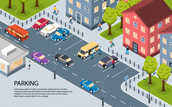 Modern city town residential area apartment district parking lot isometric view poster with informative text Free Vector