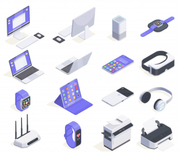 Modern devices isometric icons collection with sixteen isolated images of computers periphereals and various consumer electronics  illustration Free Vector