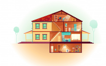 Modern house, two-storey cottage exterior and cross section interiors cartoon