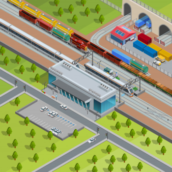 Modern railway train station isometric poster Modern railway train station isometric poster