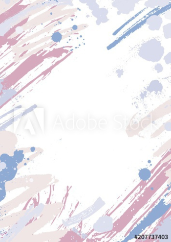 Modern vertical backdrop decorated with pink and blue pastel paint traces, blots and brush strokes on white background
