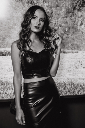 Monochrome Photography of Woman Wearing Black Leather Strapless Crop Top and Black Pencil Skirt