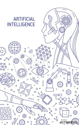 Monochrome poster template with robot, robotic arm, automatic manipulator hand drawn with outlines on white background
