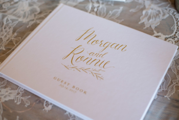 Morgan and Ronnie Guest Book on White Mesh Textile Morgan and Ronnie Guest Book on White Mesh Textile