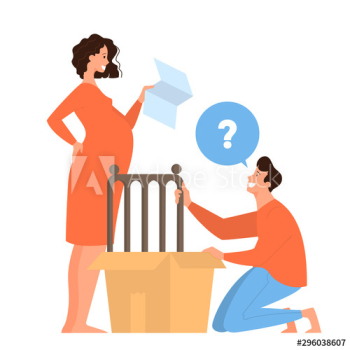 Mother and father building a baby crib for newborn Mother and father building a baby crib for newborn