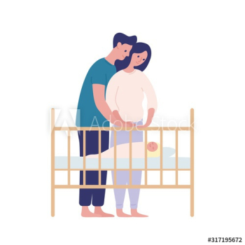 Mother and father watching at sleeping baby flat vector illustration Mother and father watching at sleeping baby flat vector illustration