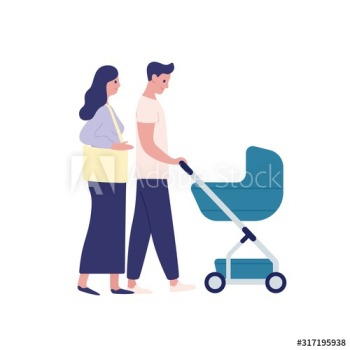 Mother and father with baby carriage flat vector illustration Mother and father with baby carriage flat vector illustration