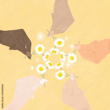 Mother's Day multi ethnic hands holding chamomile flowers