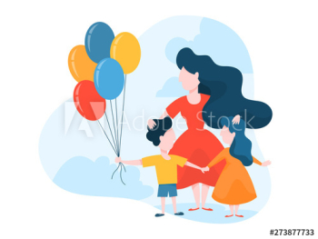 Mother standing with children holding balloon Mother standing with children holding balloon