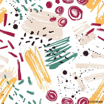 Motley seamless pattern with paint stains, marks, traces, scribble on white background