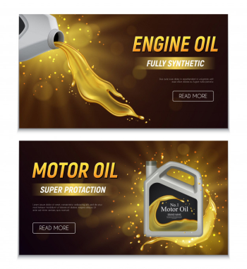 Motor oil realistic advertising banners with fully synthetic and super protection properties promotional text  illustration Free Vector