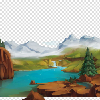 Mountain peak near body of water, Natural landscape Nature Illustration, Snow Mountain scenery transparent background PNG clipart