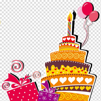 Multicolored cake and gifts illustration, Birthday cake Wedding invitation Happy Birthday to You, Cartoon Cake transparent background PNG clipart