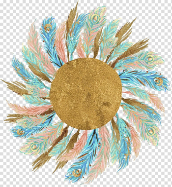 Multicolored floral frame, Feather , Golden feather wreath golden wreath material transparent background PNG clipart
