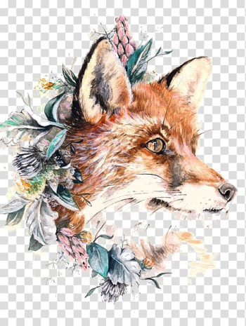 Multicolored fox and leaves painting, Red fox Paper Tattoo Gray wolf, fox transparent background PNG clipart