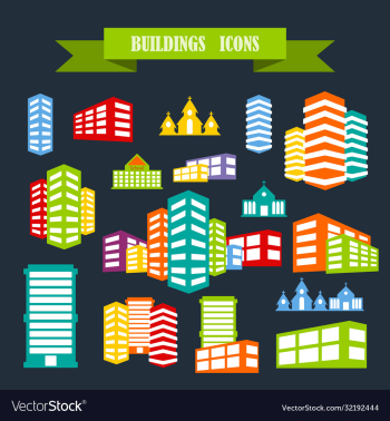 multicolored icons with tape on topic building