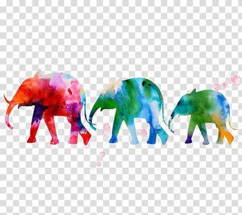 Multicolored three elephants painting, Watercolor painting Elephant Art Printmaking, Elephant transparent background PNG clipart