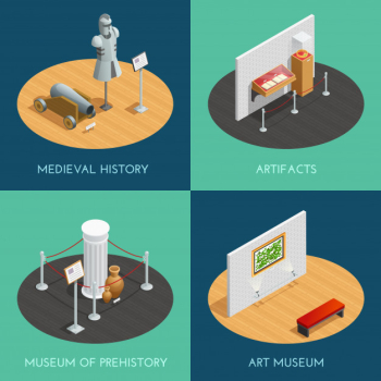 Museum compositions presenting different exhibitions prehistory medieval history artifacts