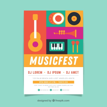Music festival poster template with music instruments