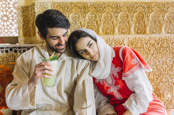 Muslim couple in arab restaurant Muslim couple in arab restaurant