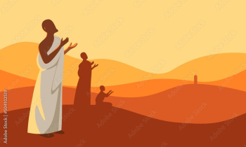 Muslim men perform Hajj. praying in the mountains of Jabal Rahmah in Arafat. faceless flat style. vector illustration.