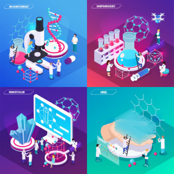 Nanotechnology concept set of airgel monocrystalline dna square compositions isometric Free Vector