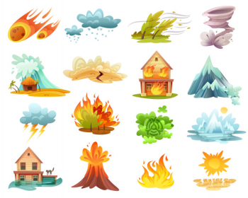 Natural disasters cartoon icons set Free Vector Natural disasters cartoon icons set Free Vector
