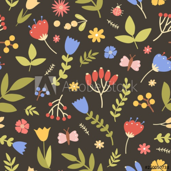 Natural seamless pattern with wild blooming plants on black background Natural seamless pattern with wild blooming plants on black background