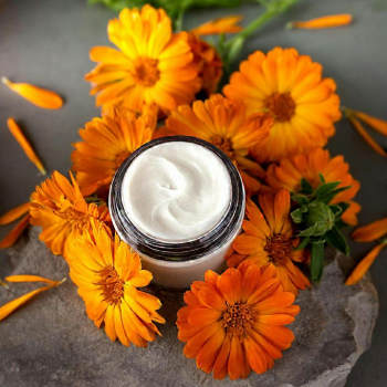 Natural Skincare Cream Surrounded by Marigold Flowers
