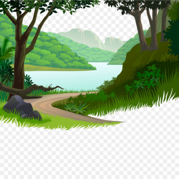 Nature Cartoon Illustration - Mountain road small river Nature Cartoon Illustration - Mountain road small river