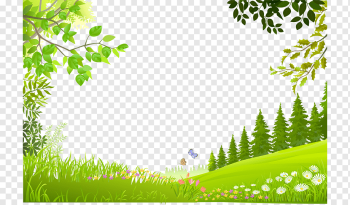 Nature Landscape, Cartoon trees plants green grass background material, green trees illustration, template, leaf, branch png