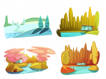 Nature landscapes 4 seasonal drawings square composition with winter summer autumn
