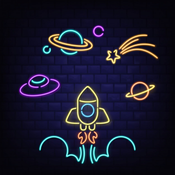Neon space icons set, rocket, ufo, saturn planet and comet signs Free Vector Neon space icons set, rocket, ufo, saturn planet and comet signs Free Vector