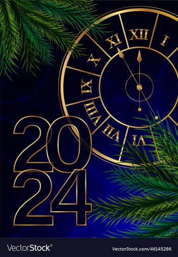 new year 2024 - stylized clock and fir branches