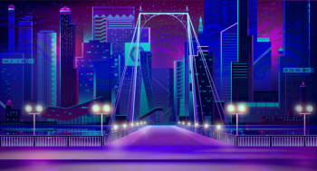Night city neon lights, bridge entry, quay, lamps Free Vector Night city neon lights, bridge entry, quay, lamps Free Vector