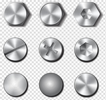 Nine bolt head lot, Screw Bolt Nut Rivet, Stainless steel thumbtacks transparent background PNG clipart