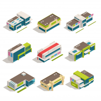 Nine isolated store mall shopping center isometric buildings icon set top view vector illustration Free Vector