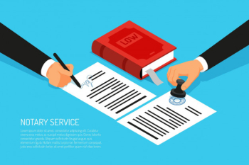 Notary service execution of documents seal and signature on papers on blue  isometric Free Vector