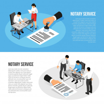 Notary service isometric horizontal banners with persons during documents execution isolated on blue white Free Vector