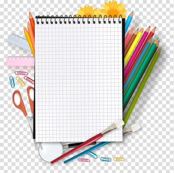 Notepad and assorted-color pencils , School Primary education Academic year Class, Hand colored pattern pencil school supplies transparent background PNG clipart