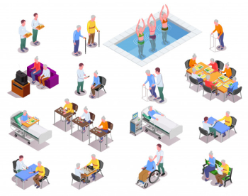 Nursing home isometric icons set with staff  monitoring patients and elderly people playing sport exercises or board games isolated Free Vector