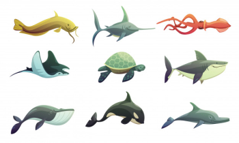 Ocean underwater animals cartoon retro characters set with stingray shark turtle swordfish