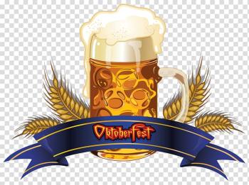 Oktober Fest beer filled mug illustration, Beer Oktoberfest in Germany 2016 , Oktoberfest Beer with Wheat and Blue Banner transparent background PNG clipart