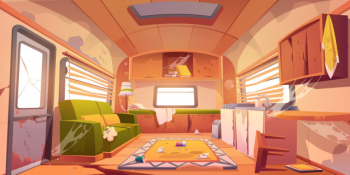 Old dirty interior of camper with broken furniture Free Vector Old dirty interior of camper with broken furniture Free Vector