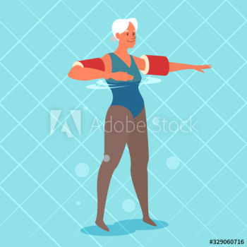 Old woman doing exercise with swimming pool floaties on her hands Old woman doing exercise with swimming pool floaties on her hands