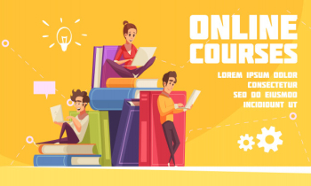 Online courses cartoon advertising web page with students sitting on books pile with laptops notebooks Free Vector