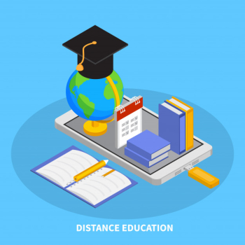 Online education composition with distance education symbols isometric   illustration Free Vector